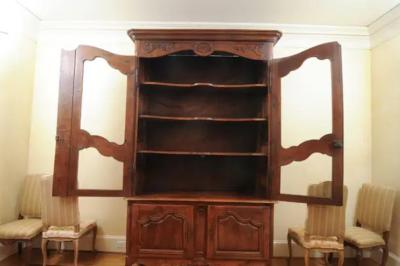 French 1790s Walnut Buffet Deux Corps with Glass Doors and Carved Motifs