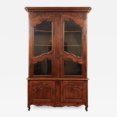 French 1790s Walnut Buffet Deux Corps with Glass Doors and Carved Motifs