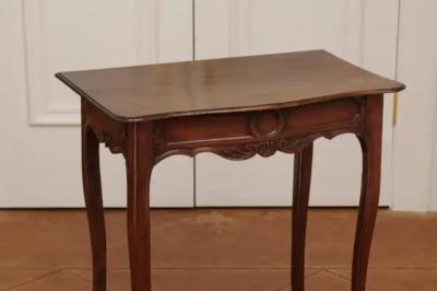 French 1790s Walnut Side Table with Side Drawer Curving Legs and Carved Apron