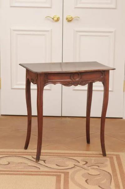 French 1790s Walnut Side Table with Side Drawer Curving Legs and Carved Apron