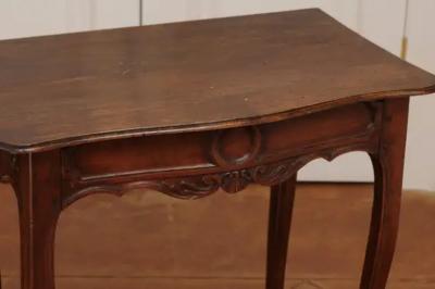 French 1790s Walnut Side Table with Side Drawer Curving Legs and Carved Apron