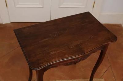 French 1790s Walnut Side Table with Side Drawer Curving Legs and Carved Apron