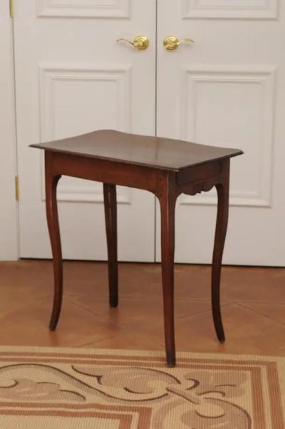 French 1790s Walnut Side Table with Side Drawer Curving Legs and Carved Apron