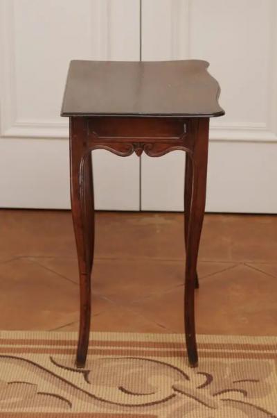 French 1790s Walnut Side Table with Side Drawer Curving Legs and Carved Apron