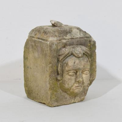 French 17th 18th Century Baroque Hand Carved Stone Head Ornament