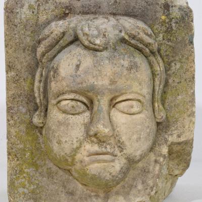 French 17th 18th Century Baroque Hand Carved Stone Head Ornament