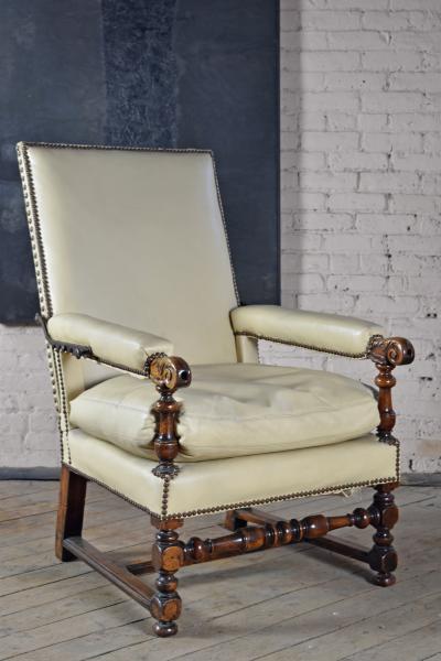 French 17th Century Walnut and Leather Covered Reclining or Ratchet Chair