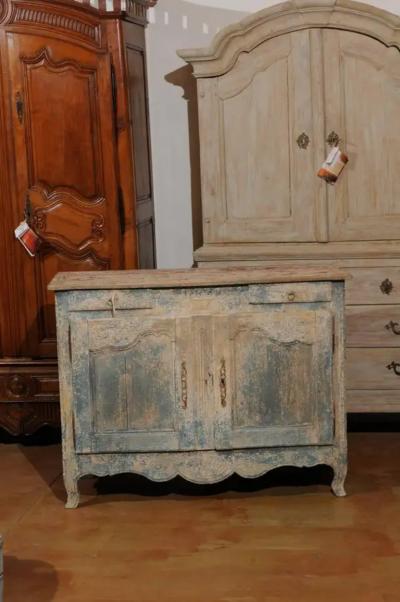 French 1800s Blue Grey Louis XV Style Two Door Buffet with Distressed Finish