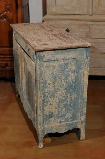 French 1800s Blue Grey Louis XV Style Two Door Buffet with Distressed Finish