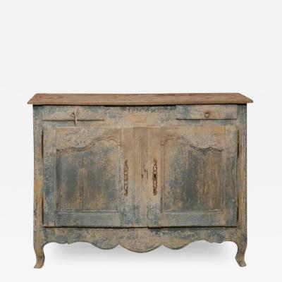 French 1800s Blue Grey Louis XV Style Two Door Buffet with Distressed Finish