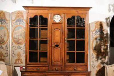 French 1800s Cherry Buffet Deux Corps with Glass Doors Clock and Drawers