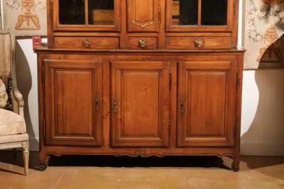 French 1800s Cherry Buffet Deux Corps with Glass Doors Clock and Drawers