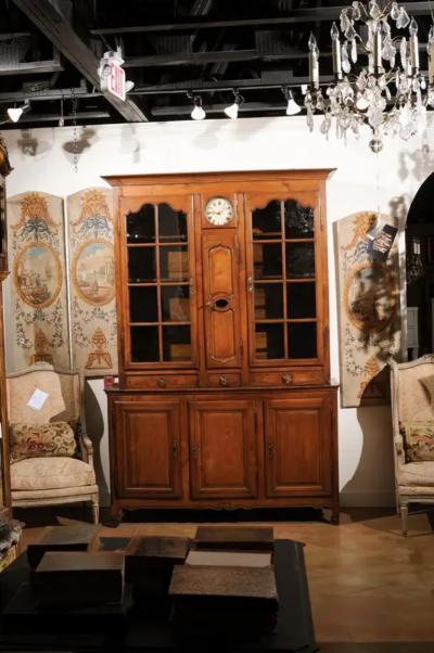 French 1800s Cherry Buffet Deux Corps with Glass Doors Clock and Drawers