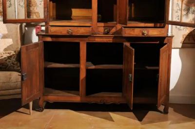 French 1800s Cherry Buffet Deux Corps with Glass Doors Clock and Drawers