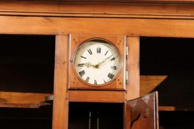 French 1800s Cherry Buffet Deux Corps with Glass Doors Clock and Drawers