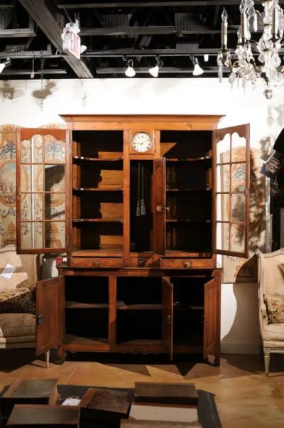 French 1800s Cherry Buffet Deux Corps with Glass Doors Clock and Drawers