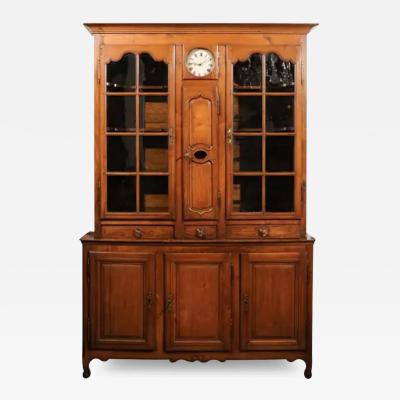 French 1800s Cherry Buffet Deux Corps with Glass Doors Clock and Drawers