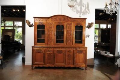 French 1820s Carved Walnut Vitrine with Glass Doors Hidden Panels and Drawers