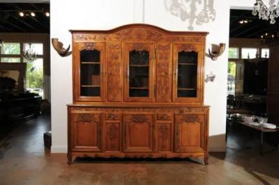 French 1820s Carved Walnut Vitrine with Glass Doors Hidden Panels and Drawers