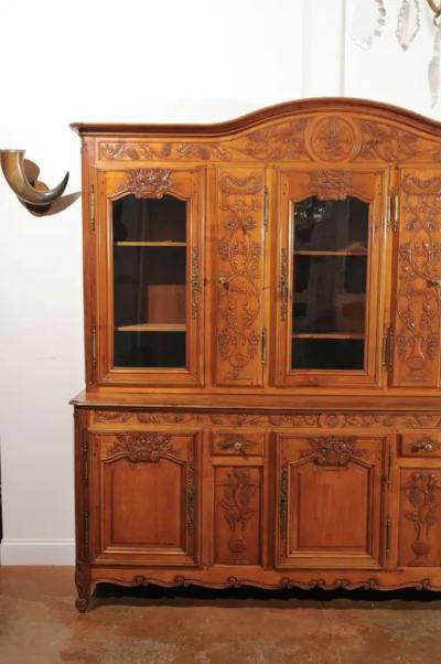 French 1820s Carved Walnut Vitrine with Glass Doors Hidden Panels and Drawers
