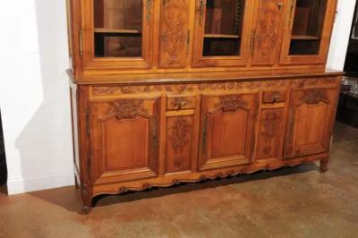 French 1820s Carved Walnut Vitrine with Glass Doors Hidden Panels and Drawers