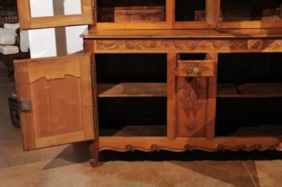French 1820s Carved Walnut Vitrine with Glass Doors Hidden Panels and Drawers