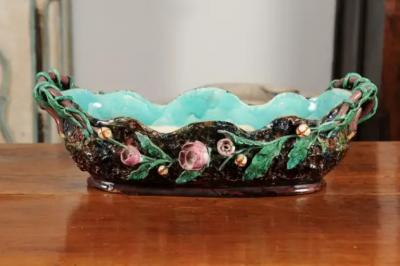 French 1850s Barbotine Majolica Jardini re by Thomas Sargent with Floral D cor