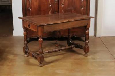 French 1850s Louis XIII Style Cherry Table with Lateral Drawer and Turned Legs