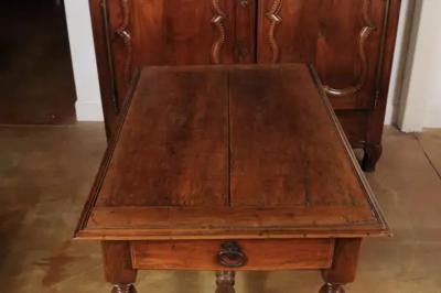 French 1850s Louis XIII Style Cherry Table with Lateral Drawer and Turned Legs