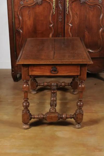 French 1850s Louis XIII Style Cherry Table with Lateral Drawer and Turned Legs