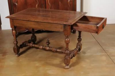 French 1850s Louis XIII Style Cherry Table with Lateral Drawer and Turned Legs