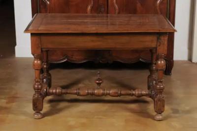 French 1850s Louis XIII Style Cherry Table with Lateral Drawer and Turned Legs