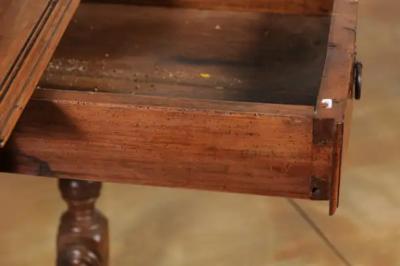 French 1850s Louis XIII Style Cherry Table with Lateral Drawer and Turned Legs