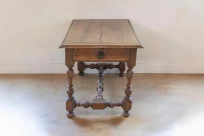 French 1850s Louis XIII Style Cherry Table with Lateral Drawer and Turned Legs