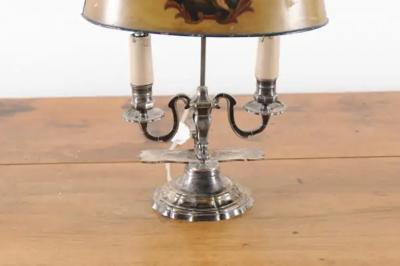 French 1850s Napol on III Painted T le Two Light Lamp with Cherub and Roses