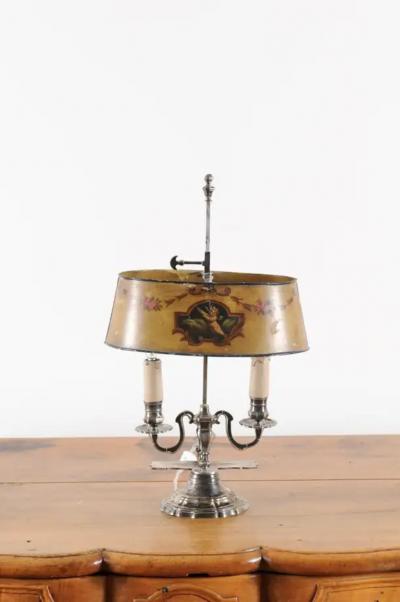 French 1850s Napol on III Painted T le Two Light Lamp with Cherub and Roses