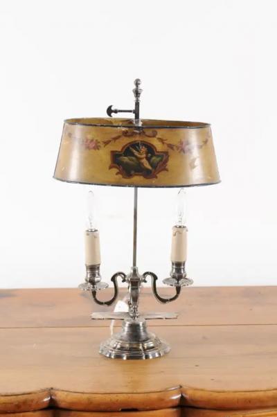 French 1850s Napol on III Painted T le Two Light Lamp with Cherub and Roses