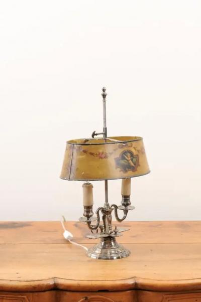 French 1850s Napol on III Painted T le Two Light Lamp with Cherub and Roses