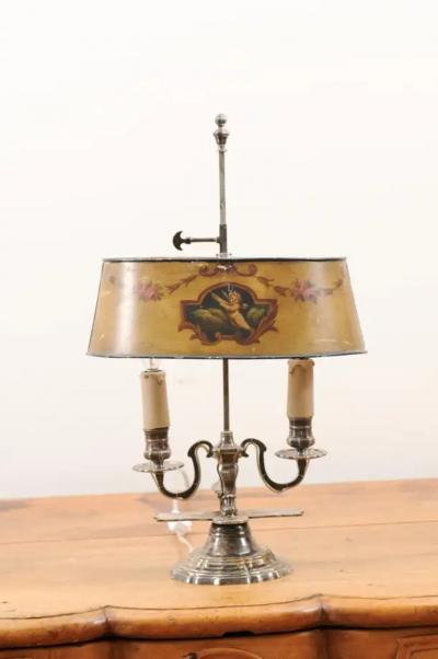 French 1850s Napol on III Painted T le Two Light Lamp with Cherub and Roses