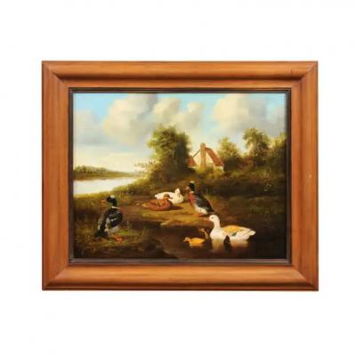 French 1850s Oil on Panel Baryard Painting with Ducks and Vibrant Colors