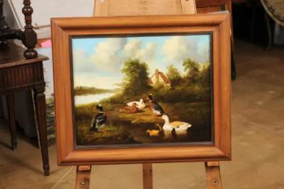 French 1850s Oil on Panel Baryard Painting with Ducks and Vibrant Colors