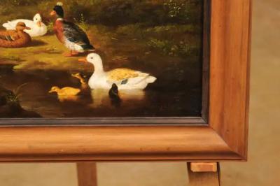 French 1850s Oil on Panel Baryard Painting with Ducks and Vibrant Colors