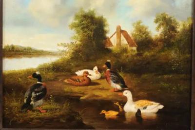 French 1850s Oil on Panel Baryard Painting with Ducks and Vibrant Colors