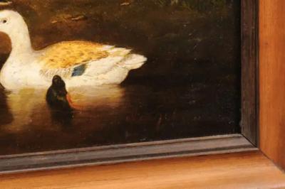 French 1850s Oil on Panel Baryard Painting with Ducks and Vibrant Colors