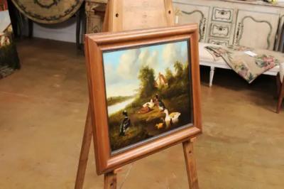 French 1850s Oil on Panel Baryard Painting with Ducks and Vibrant Colors