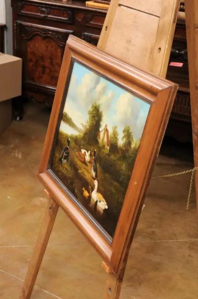 French 1850s Oil on Panel Baryard Painting with Ducks and Vibrant Colors