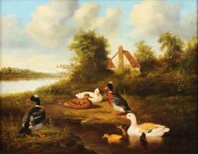 French 1850s Oil on Panel Baryard Painting with Ducks and Vibrant Colors