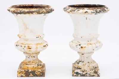 French 1860 Pair of White Painted Cast Iron Urns
