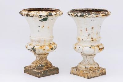 French 1860 Pair of White Painted Cast Iron Urns