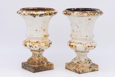 French 1860 Pair of White Painted Cast Iron Urns